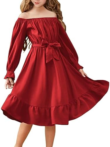 Arshiner Girls Long Sleeve Dress Holiday Party Casual Ruffle Flowy Swing Midi Dresses 5-14 Years