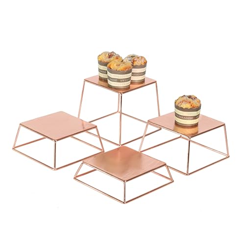 YFEEN Dessert Table Risers Display Stands Food display Rose gold Metal Square Retail Pizza,Cupcake,Candy Stands Food Platter Tray,6x6 INCH,Set of 4