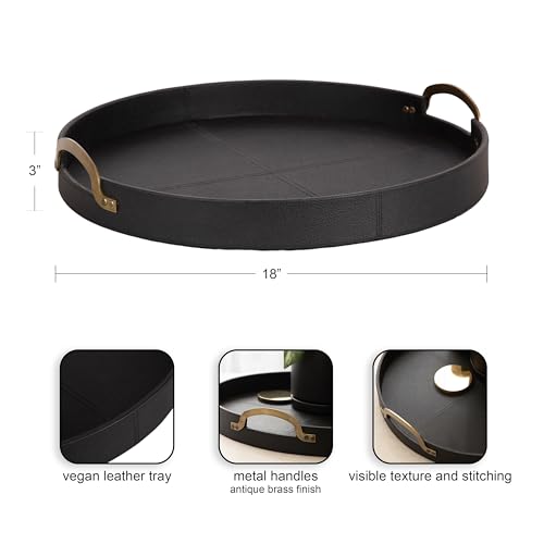 Kate and Laurel Oxbury Black & Antique Brass Decorative Leather Round Tray