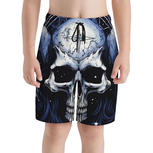 Boys Beach Board Shorts Swim Trunks Teen Kids Quick Dry Bathing Suits, Skull Starry Sky Pentagram Demon Art3