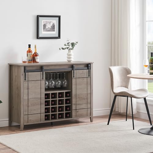 Image of Farmhouse Sideboard Buffet Cabinet with Sliding Barn Doors, Coffee Bar Cabinet with Adjustable Shelves, 16-Bottle Wine Storage & Glass Holder for Dining Room, Living Room,Light Oak