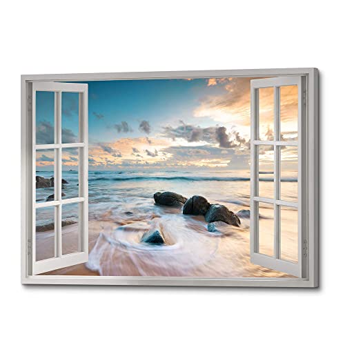 ArtSquare Sunset Ocean Window View Canvas Wall Art 36x24 Inch