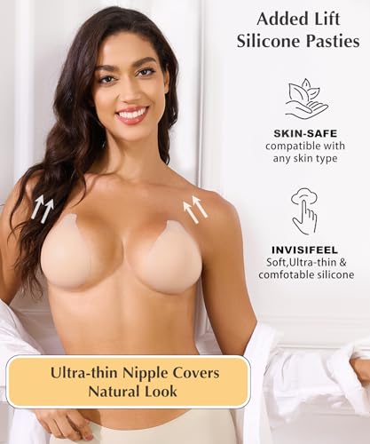 Image of Bontierie Nipple Covers Sticky Push up Bra Added Lift Seamless Ultra-Thin Pasties Women Adhesive Bras