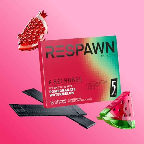 RESPAWN Energy and Focus Gum by Razer, Recharge Chewing Gum Sugar-Free - Pomegranate Watermelon, 15 Count (Pack of 10)