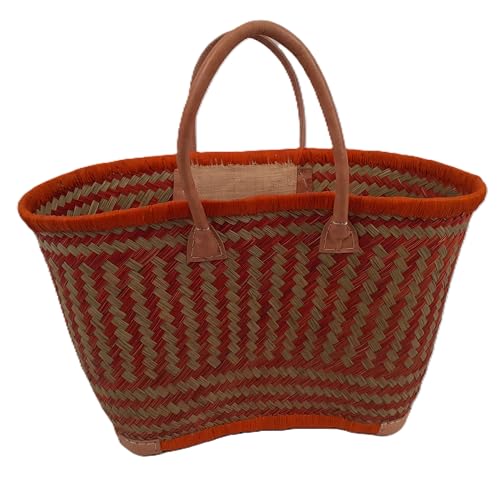 Panier cabas en jonc avec anses et coins cuir renforcés