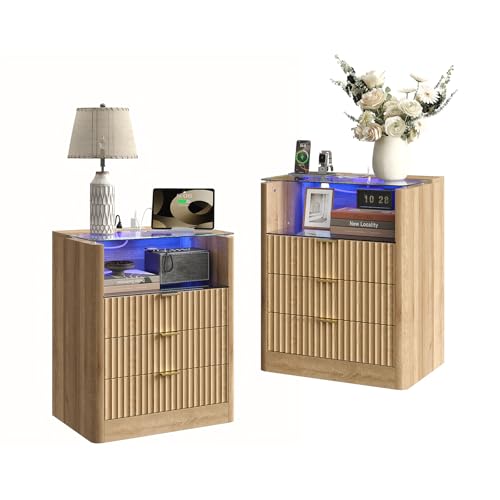 FUSOU Juego de mesitas de Noche de 60 cm con estación de Carga, iluminación LED, 3 cajones, Tablero de Cristal Estriado para Dormitorio, salón, despacho, Roble