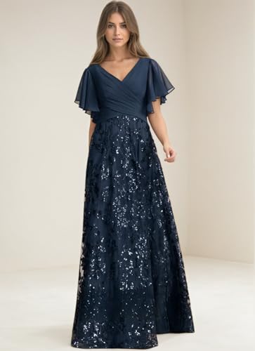 V Neck Mother of The Bride Dresses for Women Sequin Laces Evening Formal Dress with Sleeve4