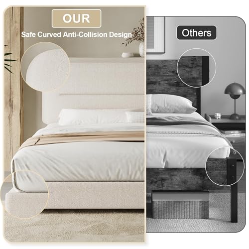 HOMBCK Queen Size Boucle Bed Frame, Upholstered Cloud Bed Frame with Headboard, Soft Platform Bed Frame with Thickened Footboard, Rounded Corners Design, No Box Spring Required, Easy Assembly, Cream - Thumbnail 5