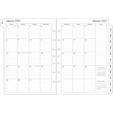 2023 Monthly Planner Refill 5-1/2" x 8-1/4", 12 Months from January 2023 to December 2023, Two Pages Per Month, Ruled Box, Desk Size 4, 7-Hole Punched Cover
