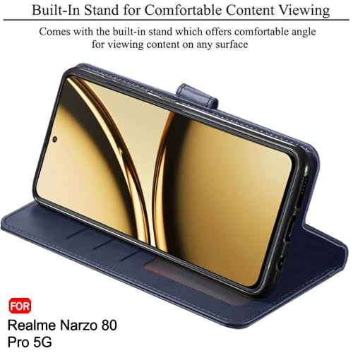 Image of TheGiftKart Flip Cover Back Case for Realme Narzo 80 Pro 5G | Genuine Leather Finish | Designer Button | Inbuilt Pockets & Stand | Wallet Style Flip Back Cover for Narzo 80 Pro (Faux Leather, Blue)