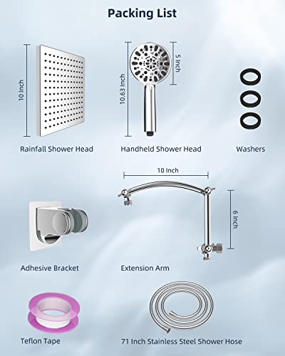 Hibbent Thickness 10'' Rain Shower Head, High Pressure Handheld Spray, Showerhead Combo With 16'' Adjustable Arc Shower Extension Arm, 7 Settings, 71'' Hose, Adhesive Showerhead Holder, Chrome #TOP6
