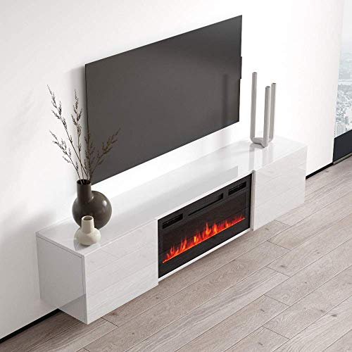 Meble Furniture Cali Bl-Ef Floating Fireplace Tv Stand For Tvs Up To 80", Modern High Gloss 72" Entertainment Center, Wall Mounted Electric Fireplace Tv Media Console With Storage Cabinets #TOP3