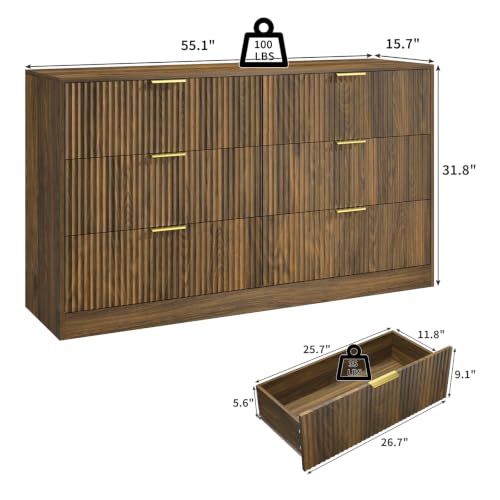 Image of Walnut Dresser for Bedroom, 6 Drawer Dresser with Smooth-Gliding Drawers