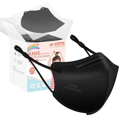 Semask Kids KN95 Adjustable Masks 25 Pack, Individually Wrapped Disposable Masks with Adjustable Ear Loops (Black)