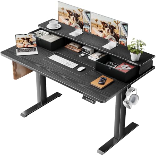 Image of Veken 47x28 in Electric Standing Desk with Drawers, Adjustable Table, Black | Stand up Computer Desk for Home Office, Work & Study, with Storage, 3 Memory Presets, Cable Organizer, Hook, and Quiet Lift.