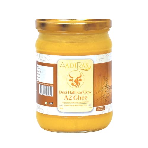 Image of Aadiras A2 Hallikar Desi Cow Ghee | Bilona Curd-Churned Method | Pure, Danedar and Aromatic | Grass Fed and Non GMO | Easy to Digest | Lab Tested | Glass Jar - 500ml