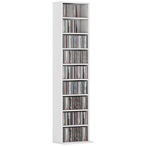 HOMCOM Mobile Porta CD con 6 Ripiani Regolabili, Scaffale Porta 260CD/120DVD Salvaspazio in Legno, Mobile Portacd con 9 Scomparti, per Soggiorno, Camera da Letto, Ufficio, 33x24x140 cm, Bianco