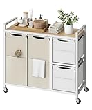 HOOBRO Clasificador de Ropa de 4 Secciones, Cesto de Ropa con Ruedas, 2 Cestas de 24L y 2 Cestas de 49L, con Estantes, Bolsillos Laterales, Bolsa Extraíble, Blanco, Natural y Beige EWNE14XY01N1