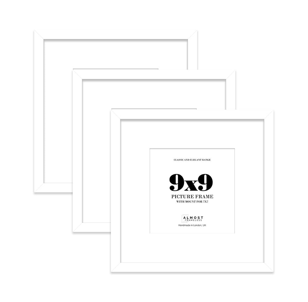 9x9 White Picture Frame with Mount for 7x7 Photos, Prints - Modern Square Wall Frame, Set of 3
