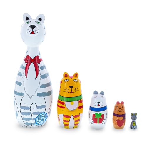 BestPysanky Four Cats and Mouse Wooden Nesting Dolls 7 Inches