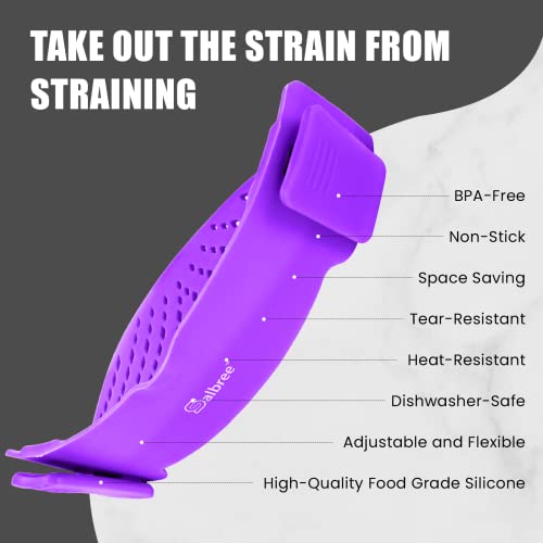 Clip-On Kitchen Food Strainer For Spaghetti, Meat, Pasta, & Ground Beef Grease, Colander & Sieve Snaps Or Clip On Bowls, Pots & Pans. Includes Silicone Strainer Drainer, Brush & Garlic Peeler (Purple) #TOP2