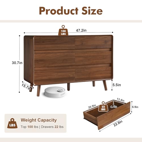 Image of Nasonet Mid Century Modern Dresser for Bedroom, 47'' Wide Dressers & Chests of Drawers with 6 Storage Drawers, Wood TV Stand Dresser for Closet, Walnut