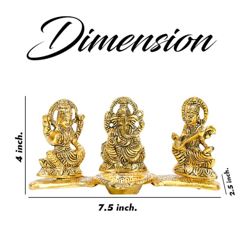 Image of Kalakriti God Idols for puja Room Metal Antique Ganesh laxmi Saraswati Idol Murti |Decorative Platter with Diya, Sitting Blessing Ganpati for Diwali Decoration Festival, Golden