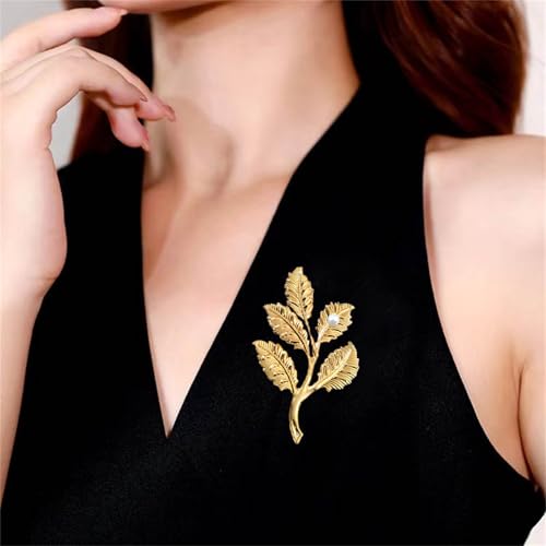 Image of coadipress Gentlemen Gold Silver Leaf Brooches Simple Elegant Retro Double Leaf Collar Pin Brooch Gold Silver Plant Leaves Brooches