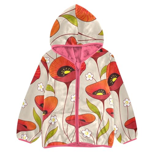 OTVEE Vintage Red Poppy Flower Kids Hoodie Jacket Fall Spring Full Zip Warm Outwear Coat