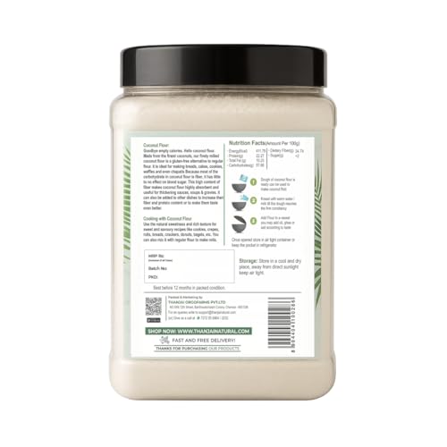 Image of Thanjai Natural Coconut Flour 1kg (500g Jar X 2) | Gluten Free Flour | High Fiber Ultra Low Carb Coconut Flour Powder | Vegan | Fiber Rich | Diet Food