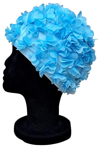 Blue Reef Bonnet de bain Vierge Floral pour femme classique rétro 3D pétale de fleur uni uni joli élégant vintage bonnet de bain taille unique adulte (bleu) Cover