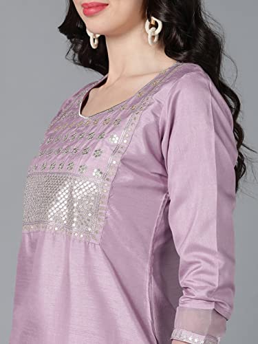 Image of Vaamsi Women's Poly Silk Solid Yoke Design Straight Kurta Set With Dupatta