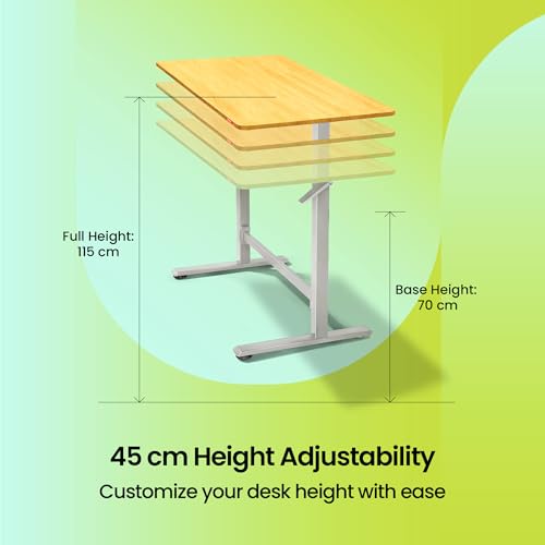 Image of Sleepyhead Lyft Designed by Duroflex - Height Adjustable Desk for Home Office & WFH | Portable Sit Stand Table with Hydraulic Lift, Wheels & Ergonomic Laptop Workstation (White Base & Oak Top)
