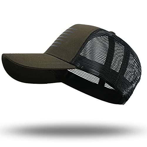 American Flag Trucker Hat - Snapback Hat, Baseball Cap For Men Women - Breathable Mesh Side, Adjustable Fit - For Casual Wear Olive/Black #TOP2