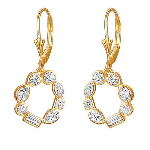 Image of 925 Sterling Silver Round Drop Earrings for Women, 14K Gold Plated Leverback Dangle Earrings with AAA Cubic Zirconia Heart Square CZ