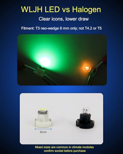 WLJH 10x Green T3 Neo Wedge Led 3030 SMD Chip 8mm Base Led Car Instrument Cluster Led Light Dashboard Gauge Bulb HVAC AC Heater Climate Control Lamps Radio Switch Indication Interior Bulb Replacement