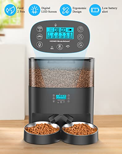 Honeyguaridan 6L Automatic Cat Feeder For 2 Pets, Pet Food Dispenser For Cat And Dog With Desiccant Box, Timer Feeder Portion Control 1-6 Meals Per Day, Dual Power Supply, Voice Recorder #TOP1