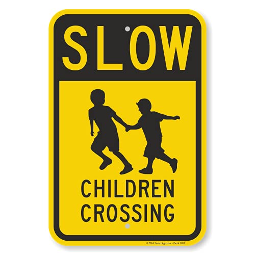 SmartSign 18 x 12 inch “Slow - Children Crossing” Metal Sign, Screen Printed, 63 mil Laminated Rustproof Aluminum, Black and Yellow