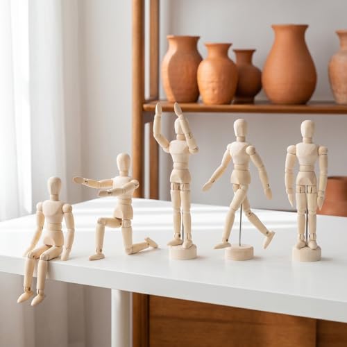 Image of DOITOOL Artists Wooden Manikin, 15 Pack 4.5 Inch Wooden Joints Drawing Mannequin, Artist Manikin with Stand, Flexible Posable Figure Model, Art Anatomy Sketch Props, Jointed Desktop Decoration