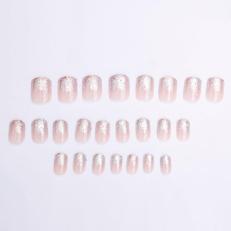 JUSTOTRY 24 Pcs Silvery Glitter False Nails Short Pattern,Pink French Square Press on Nails,Glossy Fake Nails Medium for Nails Art,Classy Squoval Stick on Nails for Women Gifts - Image 4
