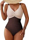 Pink Queen Women Ruched Slimming One Piece Swimsuits Tummy Control Vintage Bathing Suits Beach Vacation Dark Brown L