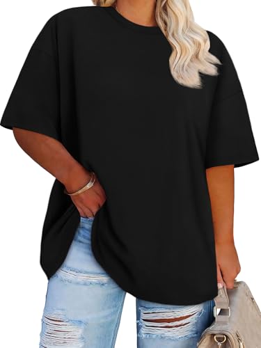 Plus Size Tops Casual Oversized Tshirts for Women Loose Fit Crew Neck Blouses Summer Basic Tees(Black 3XL)