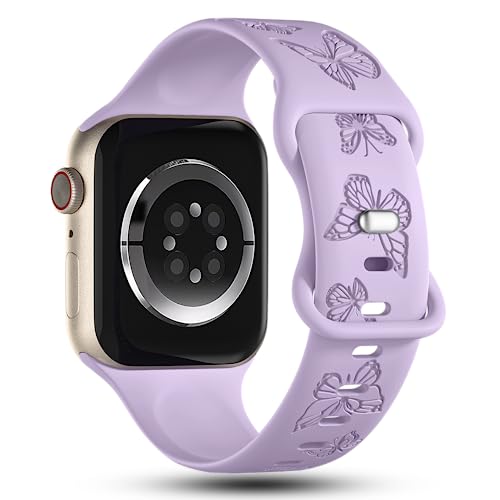 Image of Butterfly Engraved Bands Compatible with Apple Watch Band 41mm 40mm 38mm 49mm 46mm 49mm 46mm 45mm 44mm 42mm Women, Silicone Sport Strap for iWatch Series SE 10 9 8 7 6 5 4 3 2 1 SE Ultra