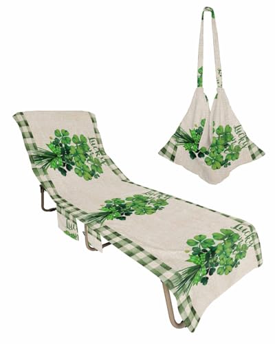 St. Patrick's Day Beach Lounge Chair Towel Cover, Soft Chaise Lounge Towel with Side Pockets Patio Pool Chairs Cover for Beach/Pool Sunbathing 29x85 Green Plaid Lucky Clovers Rustic