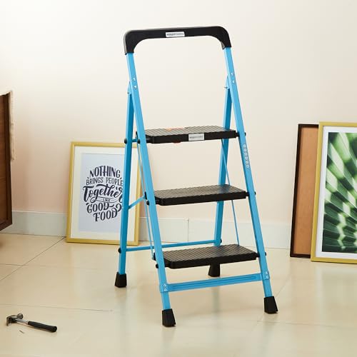 Image of Amazon Basics - Foldable Step Ladder with Tool Tray, Safety-Clutch Lock, Ribbed Steps, Anti-Skid Rubber Shoes, 3 Steps (Iron Ladder, Black & Blue)