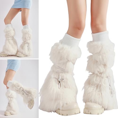 Women Aesthetic Ribbed Cuffs Plush Leg Warmers with Ties Bandage Furry Boot Covers Flared Leg Sleeves Footless Socks Sock2