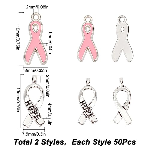SUNNYCLUE 1 Box 100Pcs 2 Style Ribbon Charms Breast Cancer Awareness Charms Bulk Pink Silver Ribbon Breast Cancer Charm Hope Ribbon Charm for jewellery Making Charms DIY Earrings Bracelet Necklace - Image 2