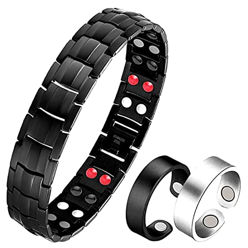 LOCCY Bracelet Magnétique Pour Homme, Bracelet Magnétique en Acier Titane Bracelet Magnétique à Double Rangée + 2x Ensemble d’anneaux Magnétiques