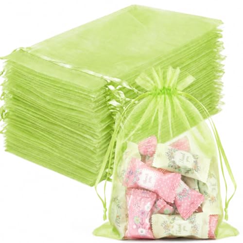 Image of FUNFERY 100PCS Apple Green Organza Gift Bags 5x7in,Drawstring Jewelry Pouch
