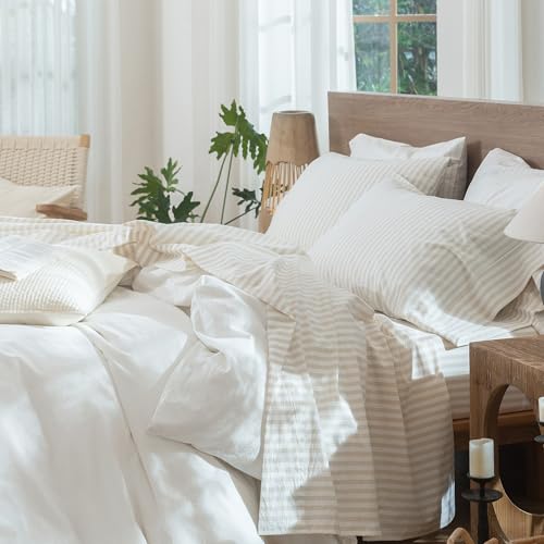 Image of MooMee Striped Sheet Set 100% Washed Cotton Linen Like Queen